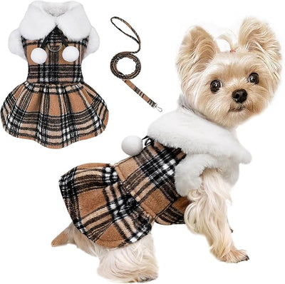 Dog Sweater with Leash Set D Ring Plaid Fleece Dog Clothes for Small Dogs Girl Boy Winter Puppy Dress Cold Weather Coat Fall XXS Sweater for Chihuahua Yorkie Cat Doggy Costumes, Khaki, S