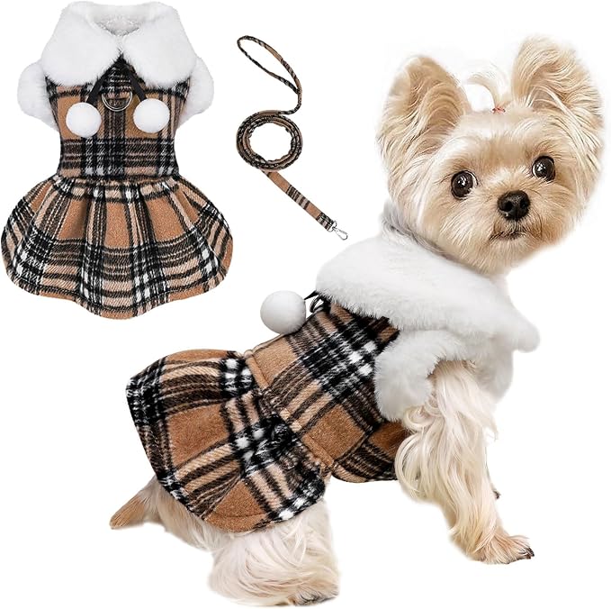 XS Dog Sweater with Leash Set D Ring Plaid Fleece Dog Clothes for Small Dogs Girl Boy Winter Pet Dress, Cold Weather Puppy Coat Winter Sweater for Chihuahua Yorkie Cat Puppy Costumes, XS