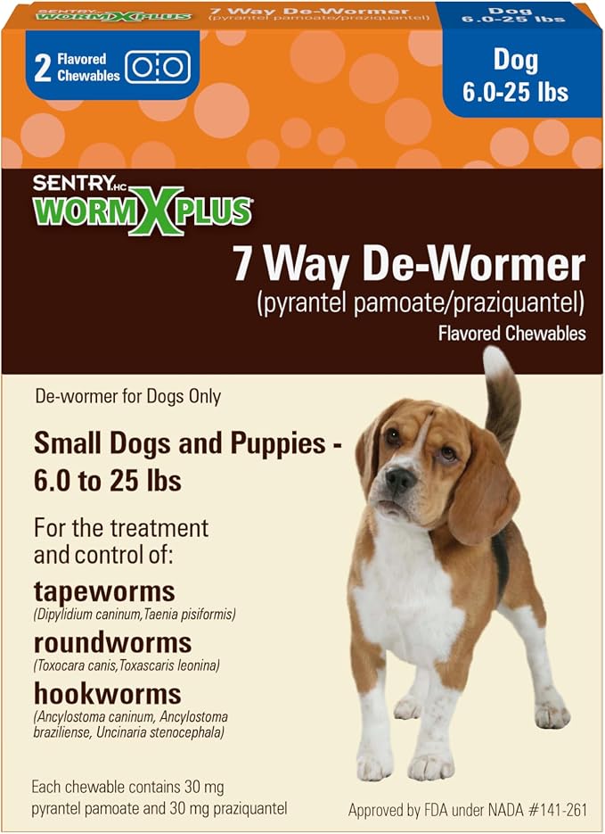 Worm X Plus 7 Way De-Wormer Chewables for Dogs - Tablets for Small Dogs & Puppies (6-25 lbs) (pyrantel pamoate/praziquantel), 2 Count