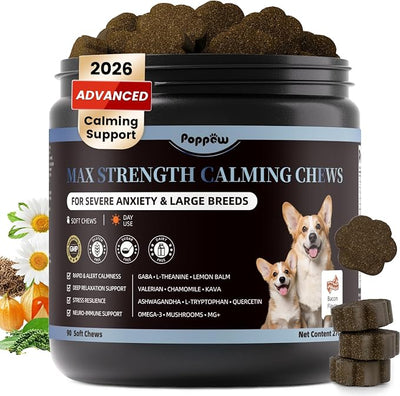 Calming Chews for Dogs - Advanced Calming Treats for Dogs Anxiety, Stress, Separation, & Thunder, Relaxation with Ashwagandha & L-Theanine, Non-Drowsy Alternative to Melatonin, Bacon Flavor, 90Ct