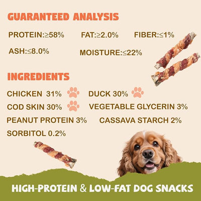 Dog Treats, Chicken Duck Wrapped Cod Skin Sticks for Dogs, Healthy Fish Dog Snacks Rich in Omega 3, Rawhide-Free Long Lasting Dog Jerky Training Treats for Small Medium Large Breeds,10.58 oz