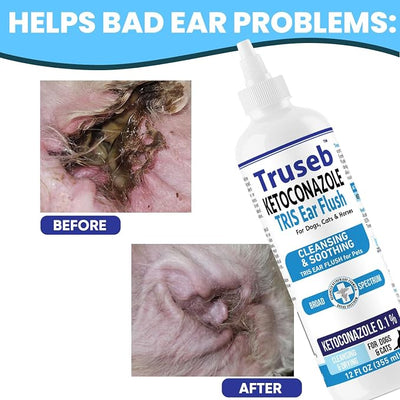 Truseb Cat & Dog Ear Infection Treatment Solution – Medicated Ketoconazole 1% TRIS with Trizmax EDTA (Tromethamine USP, Disodium Edta) – Soothes Itchy & Inflamed Ears, Cleans Debris and Buildup(12 oz)