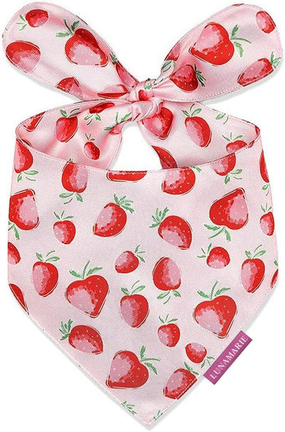 LunaMarie - Luxury Dog Bandanas - Cute Unique Designs | Premium & Silky Poly Fabric | 100% Handmade Custom Shape Dual Layered Small, Medium, Large Cat Scarf (Strawberry, Small)