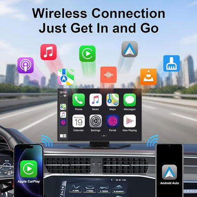 9" Wireless Apple CarPlay & Android Auto Car Screen with 4K Dash Cam, Portable Touchscreen Display with 1080p Backup Camera, GPS Navigation, Mirror Link, Bluetooth 5.0, FM Transmitter & Voice Control