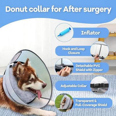 Upgraded Inflatable Dog Cone Collar with Transparent Anti-Licking Shield, Adjustable Elizabethan Collar for Medium Large Dogs, 2-in-1 Design with Detachable Shield