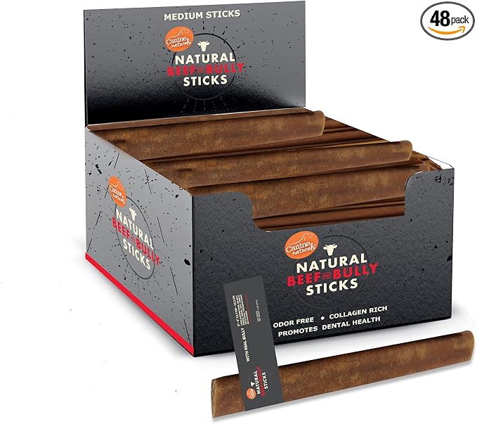Canine Naturals | Natural Beef & Bully Sticks | 48 Count | Long-Lasting, Odor Free, High Protein Chews Made with 100% Real Bully | Bulk Carton Medium Sticks