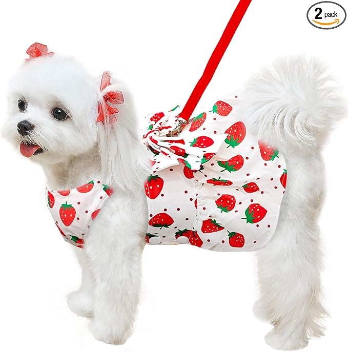 ABRRLO Cute Dog Dress Small Dog Clothes for Girls Female Puppy Outfits Red Strawberry Pet Summer Clothes Bowknot Doggy Cat Princess Dresses Harness for Holiday Birthday Party Costume Clothing (Red,L)
