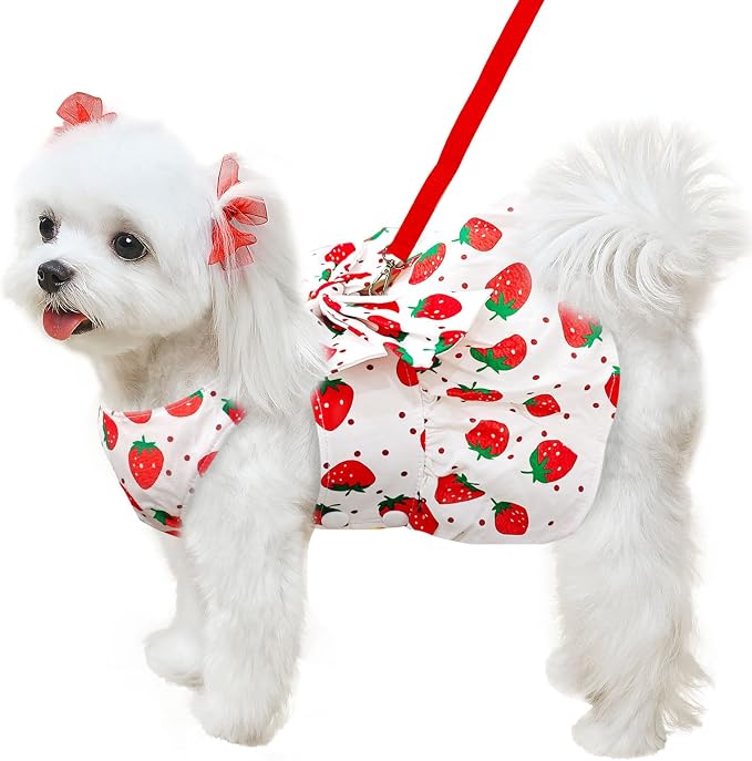 ABRRLO Cute Dog Dress Small Dog Clothes For Girls Female Puppy Outfit Red Strawberry Pet Summer Clothes Bowknot Doggy Cat Princess Dresses Harness for Holiday Birthday Party Costume Clothing (Red,XXL)