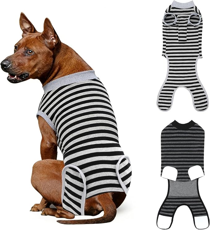 2 Packs Breathable Cotton Dog Recovery Suit for After Neuter Spay Abdominal Wounds Protector, Professional Anti-Licking Onesies for Male Female Pets Surgery Bandages, 2XL Striped Black Grey