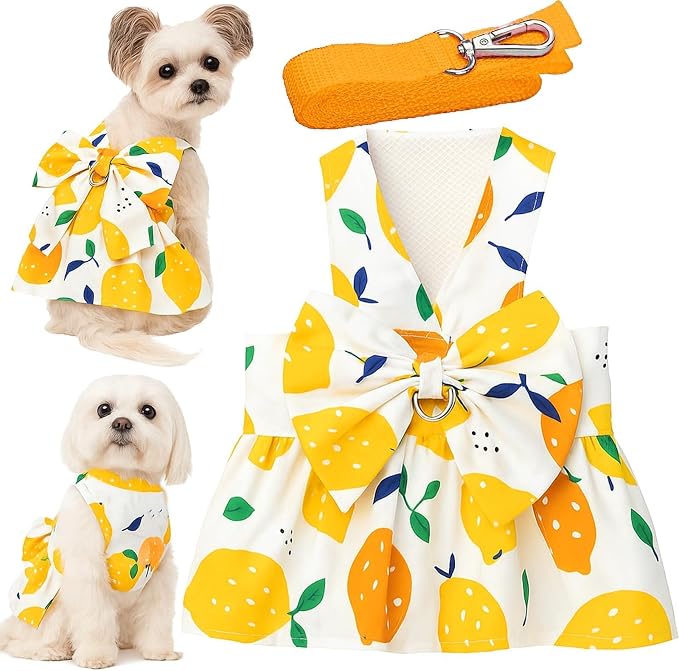 Dog Dress Bowknot Harness Leash Set for Small Dogs Yellow Lemon Dog Cat Clothes Cute Puppy Outfits Pet Clothes Spring Summer Breathable Dresses(X-Samll)