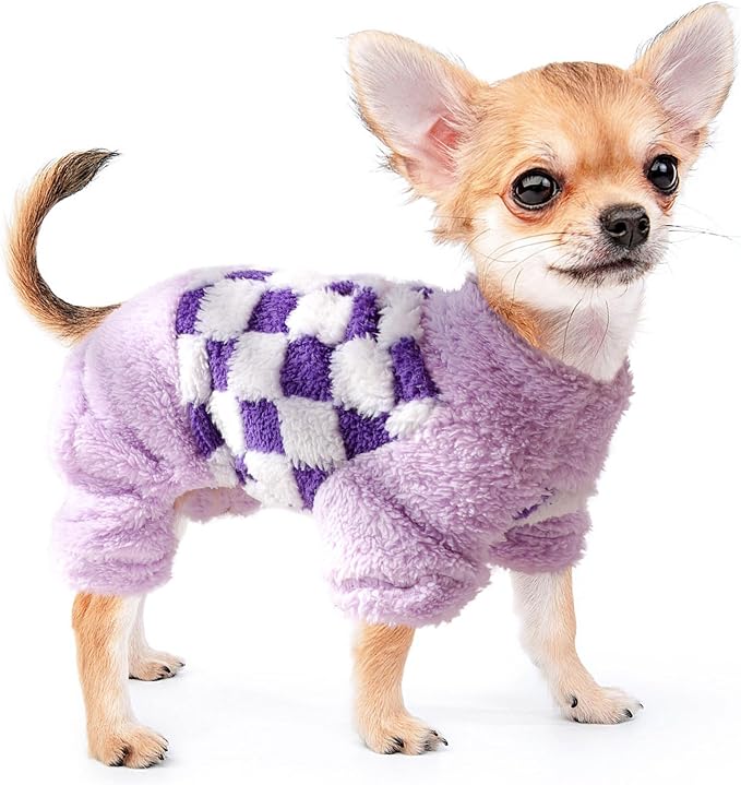 Sebaoyu Turtleneck Dog Pajamas for Small Dogs, Fleece Sweater, Winter Cute Tiny Clothes Outfit Puppy Pet Jumpsuits Chihuahua Yorkie Cat Clothing(Plaid Purple,Medium)