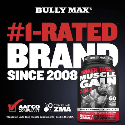 Bully Max 2-in-1 Muscle Builder for Dogs - 9 Amino Acids, Puppy & Dog Vitamins, Supplements for Muscle Gain & Growth - Dog Multivitamin Chewable Tablets for All Breeds & Ages, Made in USA, 30 Tabs