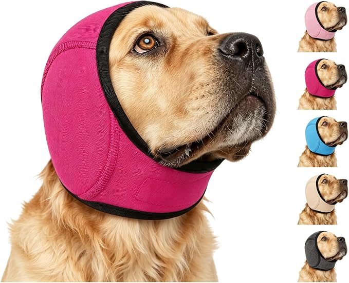 Zenpup Noise Cancelling Ear Wrap, Dog No Shake Ear Muffs Noise Protection Firework Thunder Vacuum, Comfortable Quiet Dogs Calming Hoodie, Adjustable for Grooming Bathing & Swimming (Rosered, Large)