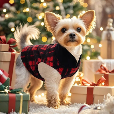 Rbenxia 1 PC Plaid Dog Sweaters with Leash Ring Soft Fleece Vest Dogs Pullover Warm Jacket Pet Dogs Clothes Winter Dog Outfits for Small Puppy Cat Pets (Black and Red, Large)
