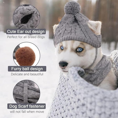 Kuoser Dog Winter Hat & Scarf Set, Knitted Hat Pet Christmas Winter Warm Caps Cute Accessories Neck Ear Warmer Hood Warm Scarf Party Decoration for Cat and Dog Grey