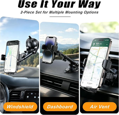 Car Phone Holder, 360° Rotation Strong Suction Vehicle Dashboard Windshield Air Vent Mobile Phone Mount, Auto Interior Dash Windshield Cellphone Stand, Universal Fit for SUV RV Truck, Black