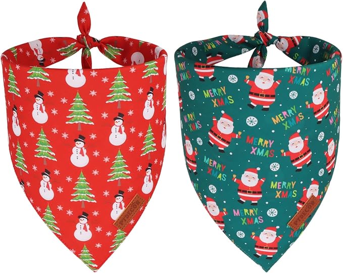 PTDECOR Christmas Dog Bandana, Snowman and Tree Santa Design Reversible Holiday Pet Scarf, Red Green Triangle Christmas Bandanas for Extra Large Dogs (X-Large)