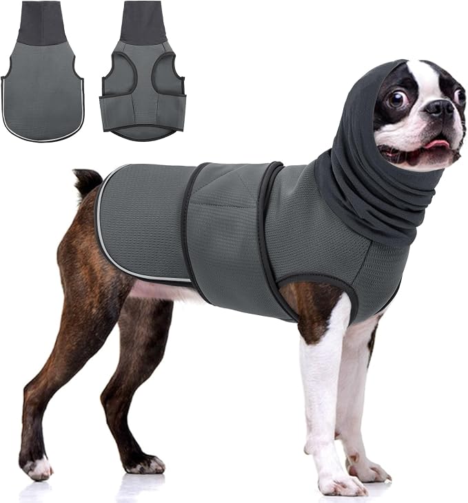 KOESON Dog Calming Hoodie with Ear Wrap & Adjustable Fit, Reflective Thunder Jackets for Medium Dogs, Breathable Anxiety Dog Vest for Storms, Fireworks, Travel, Separation, Grey M