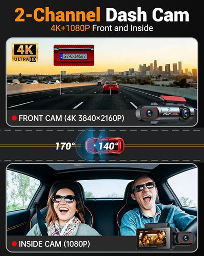 4K Dual Dash Cam with WiFi GPS, Voice Control, 4K+1080P Front and Inside Car Camera, UHD Night Vision, Dash Camera for Cars with 3" IPS Touch Screen, 24H Parking Mode, G-Sensor, 32GB Card