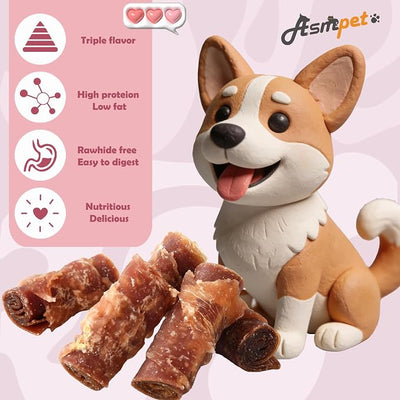 Rawhide Free Dog Treats, Triple Flavor Chicken Wrapped Duck and Beef Rolls, Healthy Dog Snacks