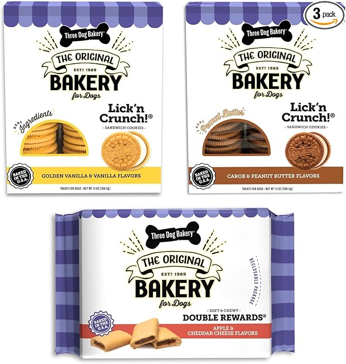 Three Dog Bakery Classic Cookies Dog Treats Variety Pack - Peanut Butter, Vanilla, & Carob Crunchy Treats for Dogs - 3 Pack