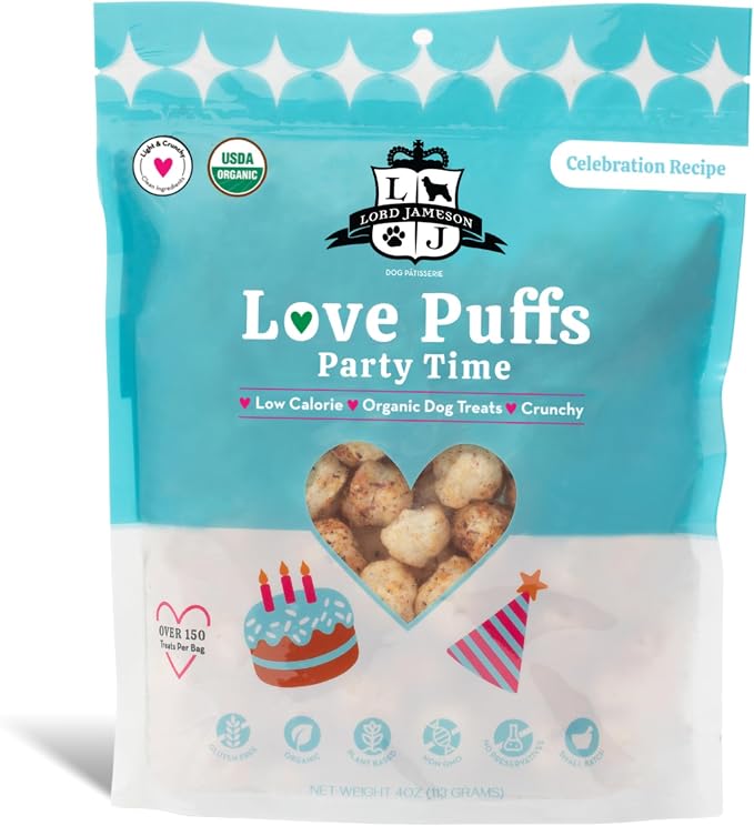 Lord Jameson Party Time | Light & Crunchy Love Puffs Collection | Organic Dog Treats, Celebrate a Birthday, Superfood Coconut, Gluten-Free, Preservative-Free, USDA Certified Organic. Made in USA