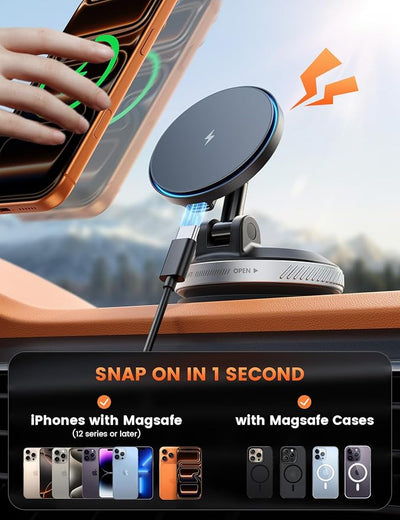 Lamicall 15W for MagSafe Car Mount Charger - [70 LBS Strongest Suction] Magnetic Wireless Car Charger, Suction Cup Phone Mount, Vacuum Magnetic Phone Holder Car Mount for iPhone 17 Pro Max 16 Silver