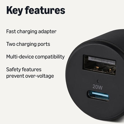 Amazon Basics Fast-Charging Car Charger, Dual-Port, 1 USB-C + 1 USB-A, 32W, Multi-Device Compatibility, Safety Features, Black