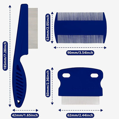 Flea Comb for Dogs and Cats - Lice Comb with Rubber Handle - Promotes Hair Growth and Removes Loose Hair, Knots, and Flakes Flea Brush for Pets(3P,BLUE)