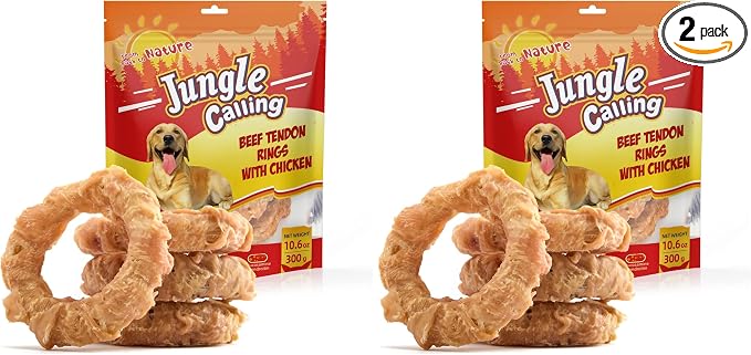 Jungle Calling Beef Tendons for Adult Dogs, Chicken Wrapped Tendons Dog Chews Long Lasting Hip and Joint Supplement for Dogs with Glucosamine (Ring) (Pack of 2)