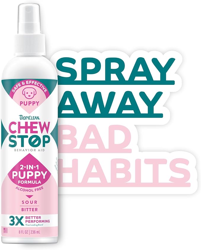 TropiClean No Chew Spray for Puppies, Better Than Bitter Apple Spray, Safe & Natural Chew + Lick Deterrent, Protect Home, Skin & More! 8oz