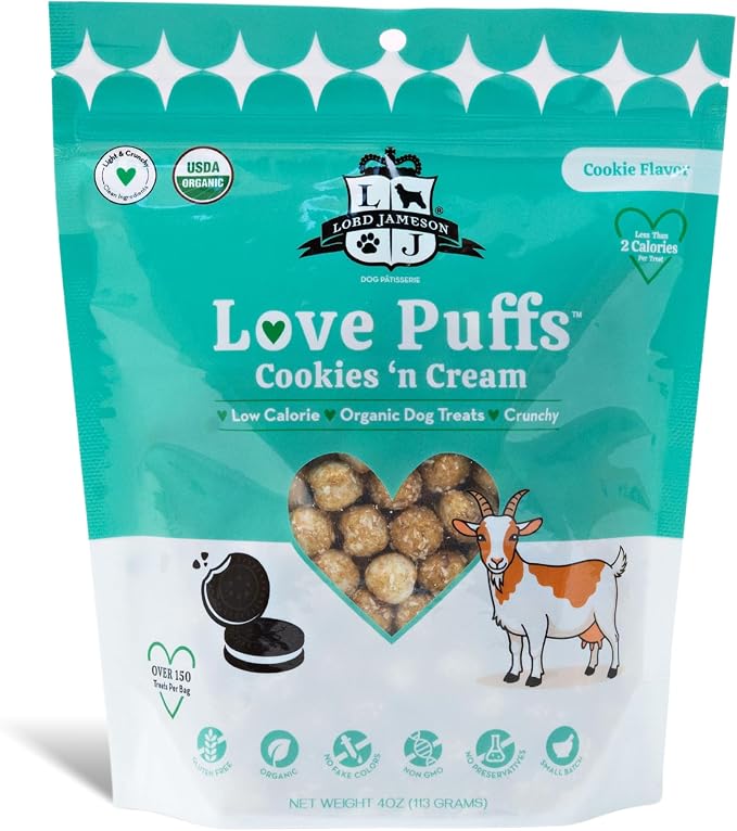 Lord Jameson Cookies 'n Cream | Light & Crunchy Love Puffs Collection | Organic Dog Treats, Cookies 'n Cream Recipe, Gluten-Free, Preservative-Free, USDA Certified Organic. Made in USA