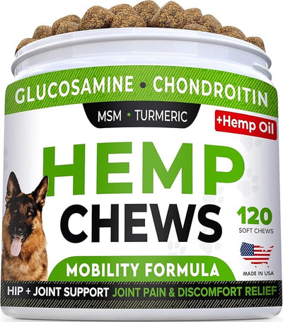 Glucosamine for Dogs w/Chondroitin - Hip & Joint Supplement for Dogs w/Omega-3 Fish Oil - Chondroitin MSM - Advanced Mobility Chews - Joint Pain Relief - Hip & Joint Care - Made in USA (120Ct)