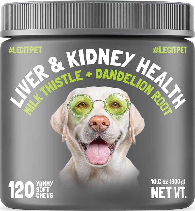 Liver & Kidney Support for Dogs Detox Natural Supplement with Milk Thistle Dandelion Root Turmeric Curcumin Hepatic Support Treats for Canine Liver Function, Immunity & Digestion 120 Soft Chews