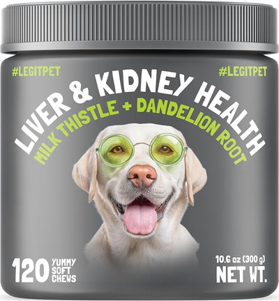 Liver & Kidney Support for Dogs Detox Natural Supplement with Milk Thistle Dandelion Root Turmeric Curcumin Hepatic Support Treats for Canine Liver Function, Immunity & Digestion 120 Soft Chews