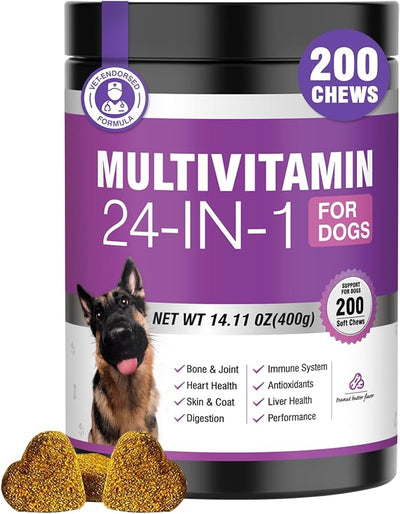 24-in-1 Dog Vitamins and Supplements 200 Ct Dogs Multivitamin Chewable Contain Chondroitin Probiotics Omega-3 Glucosamine for Dogs Skin Coat Heart Joint Gut Liver Brain Immune Support - Peanut Butter