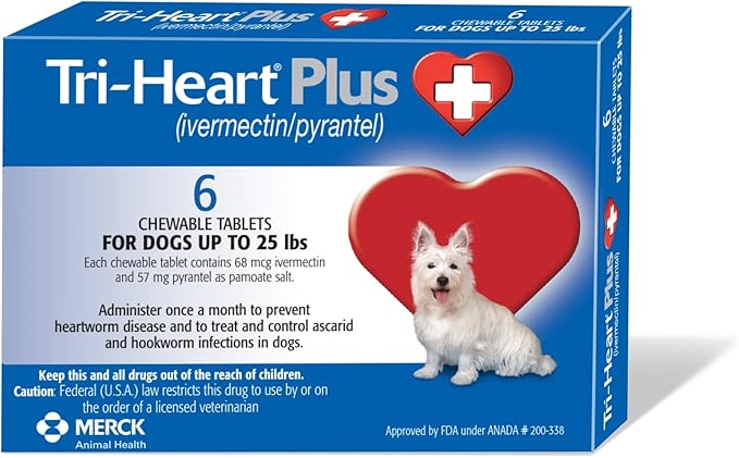 TRI-HEART PLUS Chewable Tablet for Dogs, up to 25 lbs (Blue Box), 6 Chewable Tablets, 6-Month Supply
