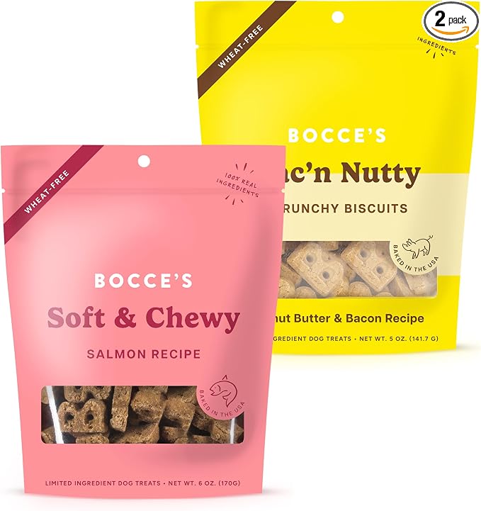 Bocce's Bakery Salmon Cookie + Bac’n Nutty Biscuit Dog Treat Bundle – Natural, Wheat-Free Biscuits and Soft & Chewy Cookies Made with Real Ingredients and Baked in The USA – 2 Pack Bundle