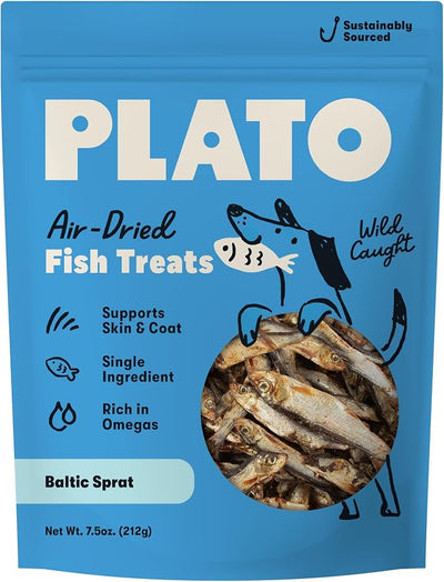 PLATO Single Ingredient Wild-Caught Baltic Sprat Dog Treats, Air-Dried Whole Fish, Omega-Rich Skin & Coat Support, 7.5 oz
