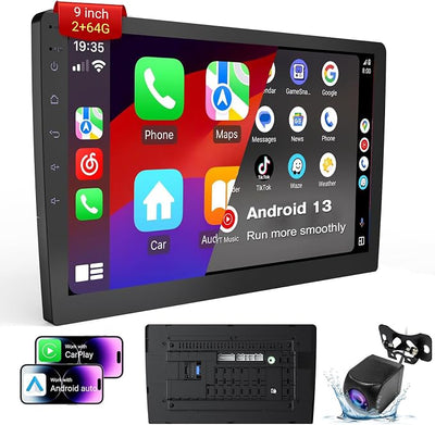 Haudio 9 Inch Double Din Car Stereo, Android 13 Touchscreen Radio with Wireless Apple CarPlay & Android Auto, 2GB+64GB, GPS, Bluetooth, WiFi, FM/AM/RDS, Mirror Link, 720P AHD Backup Camera