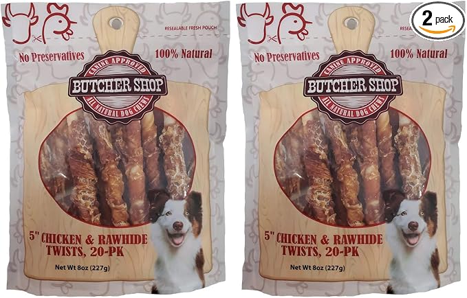 Butcher Shop 5” Chicken & Rawhide Twists Dog Treats (2 Pack - 8 oz per Pack)