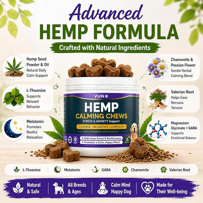 Hemp Oil Calming Chews for Dogs, Advanced Dog Calming Chews - Anxiety Relief Supplement Treats with Melatonin L-Theanine - Sleep Aid for Separation, Barking, Stress, Hyperactivity