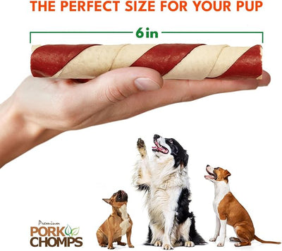 Pork Chomps Baked Pork Skin Dog Chews, 6 Inch Twists, 4 Count - Bacon Flavor Wrap - Long-Lasting Treats for Dogs - High Protein, Rawhide-Free, Low Fat, Healthy & Delicious Chews