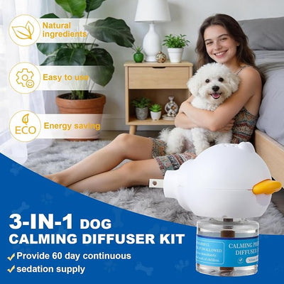 Dog Calming Diffuser, Dog Pheromones Calming Diffuser for Anxiety Relief, Plug in & 2 Refills, Covers 700 Sq Ft, Pheromone Diffuser for Dogs Reduces Barking Chewing Stress Separation Anxiety
