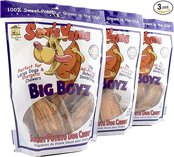 Sams Yams Sweet Potato Dog Treats, Healthy Dog Treats for Large Dogs - Sweet Potato Dog Treats Made in USA, High Fiber, Vegan Dental Chews - Big Boyz, Sweet Potato Dog Chewz, 15oz (Pack of 3)