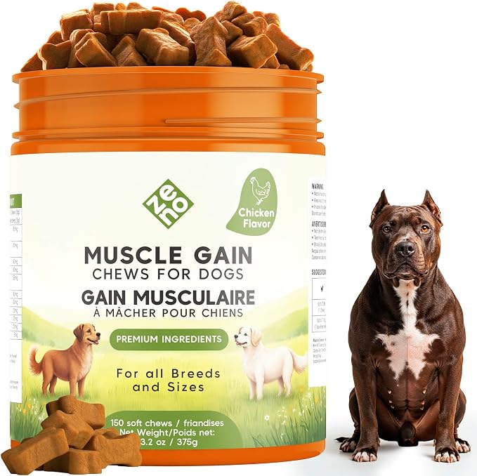 ZENO 11-in-1 Muscle Gain Chews - Weight Gain Supplements for Dogs with High Protein & Amino Acids - Premium Muscle Builder for Bully & All Breeds - Healthy for Puppies - 150 Chews - Chicken
