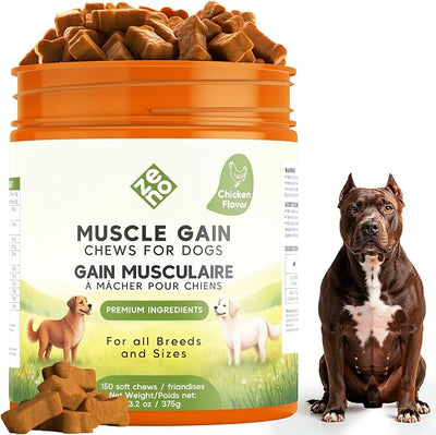 ZENO 11-in-1 Muscle Gain Chews - Weight Gain Supplements for Dogs with High Protein & Amino Acids - Premium Muscle Builder for Bully & All Breeds - Healthy for Puppies - 150 Chews - Chicken