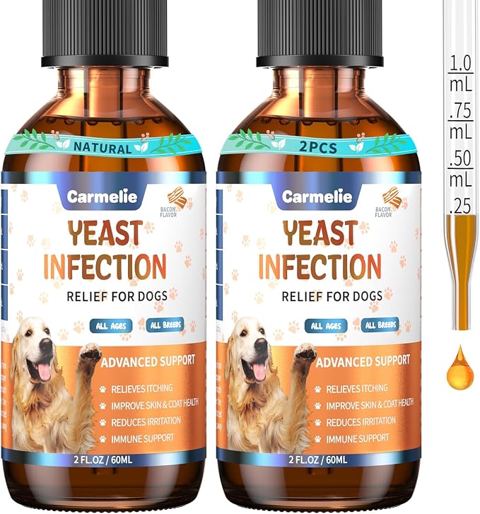 Carmelie 2PCS Yeast Infection Treatment for Dogs, Support Healthy Itch Relief, Ear Paw Discomfort Care, Itch Relief for Dog, Allergy Supports, Inflammation Relief for Dogs, Bacon Flavor 60ml