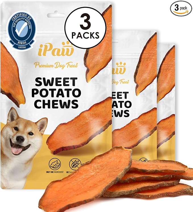 iPaw Sweet Potato Chews for Dogs, Single Ingredient Dog Treats for Vegetarian, All Natural Human Grade Puppy Chew, Rawhide Alternative, Hypoallergenic, Easy to Digest, 3 Packs