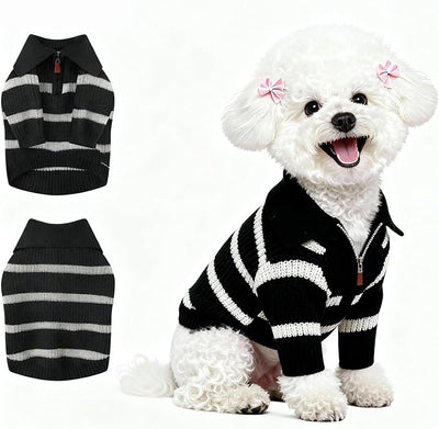 Small Dog Sweater with Zipper, Knitted Striped Pullover Dog Clothes for Cold Weather, Thick Warm Cozy Stretchy Sweater for Chihuahua, Bulldog, Dachshund, Pug(Black & White Strip, M)